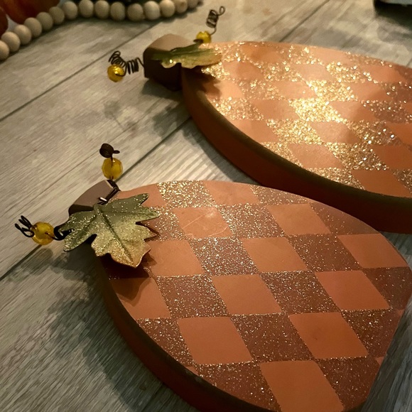 Wooden Decorative (Stand-Up) Pumpkins, Metal Leaf, Beaded Vine • Set of 2 - Picture 2 of 4